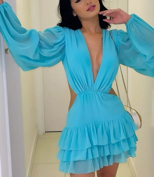 Robe courte en mousseline à manches longues et col en V profond, tenue de soirée tendance fg6260