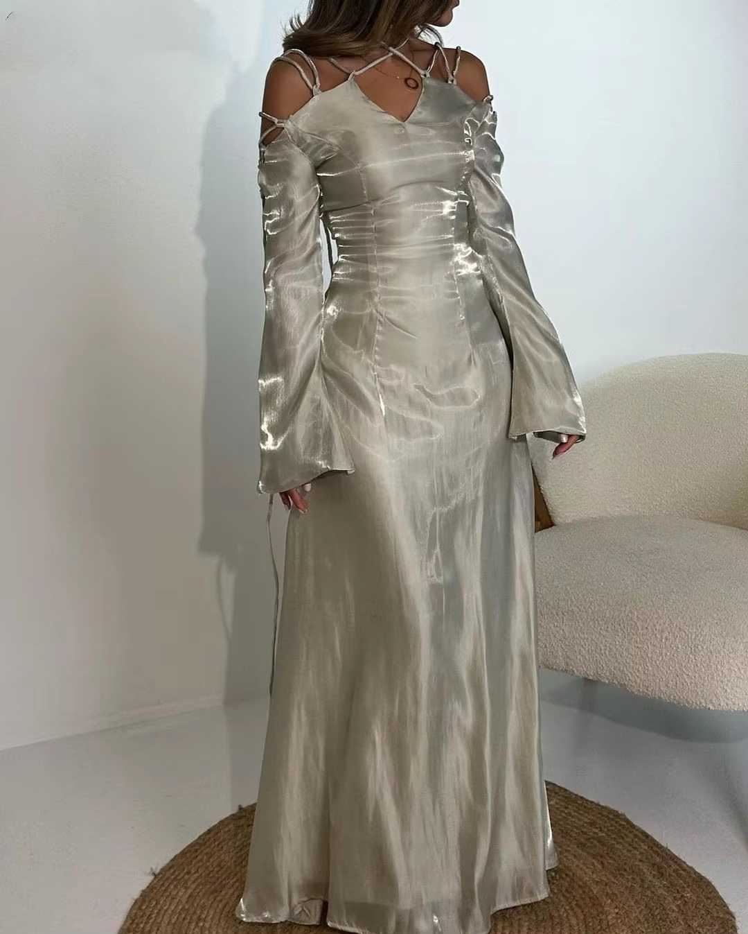 open lace back dress Silver Grey Prom Dress, Modern Girl Lace Up Flare Sleeves V Neck Elega –  formalgowns