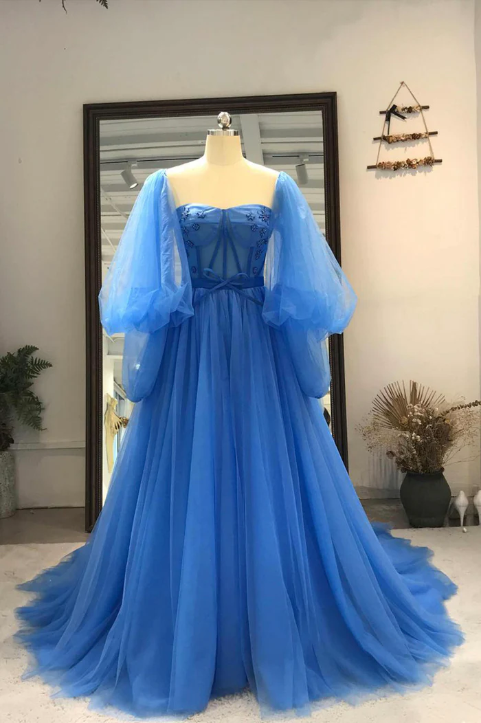 Tulle Long Sleeve Prom Dress, A-Line Tulle Formal Evening Dress fg6328