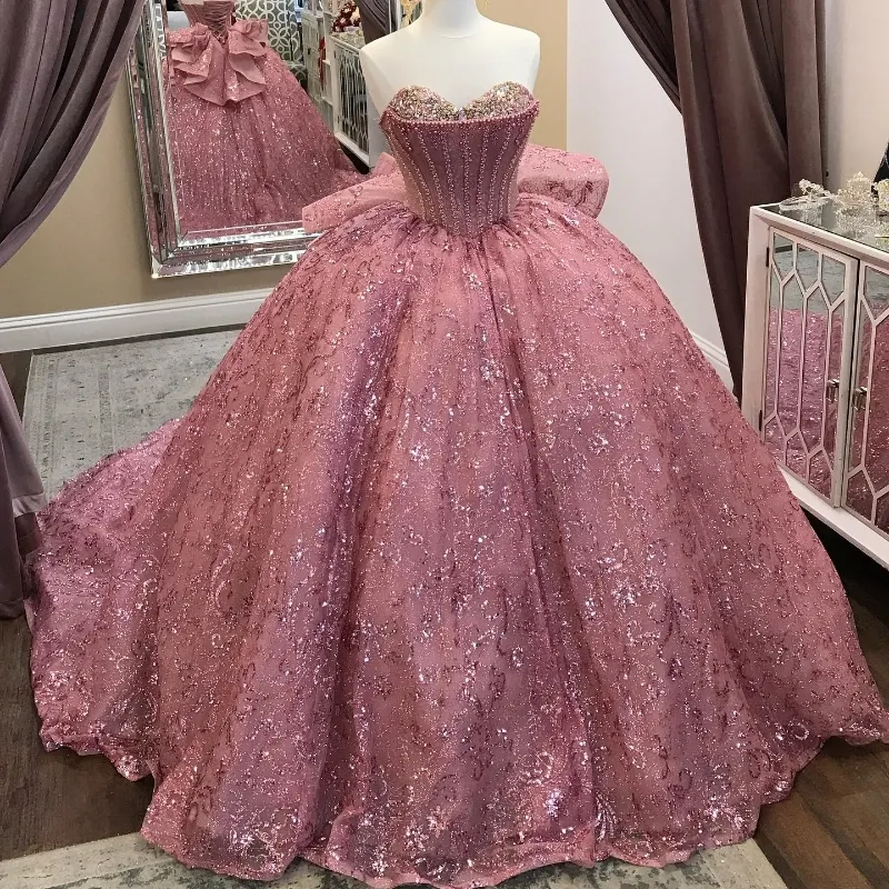 Pink Sequined Ball Gown Quinceanera Off The Shoulder Corset Lace Beads formalgowns Pink Sequined Ball Gown Quinceanera Off The Shoulder Corset Lace Beads formalgowns