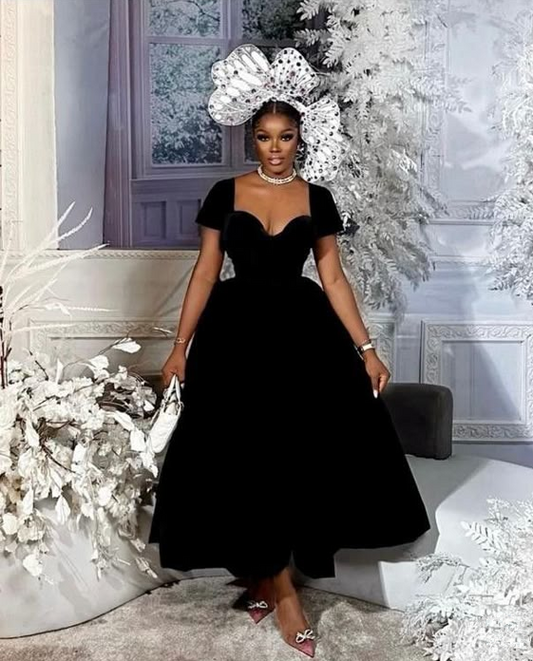 Robe de soirée noire à manches courtes, tenue de soirée tendance fg6642