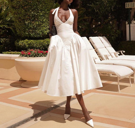 Robe de soirée blanche coupe trapèze, robe de bal dos nu fg6561