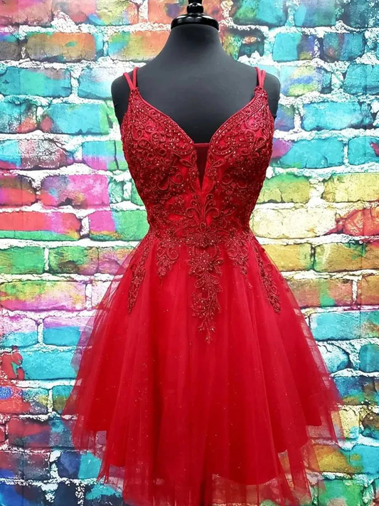 Robe de bal courte en dentelle, coupe trapèze, col en V, robe de soirée courte et formelle fg6280