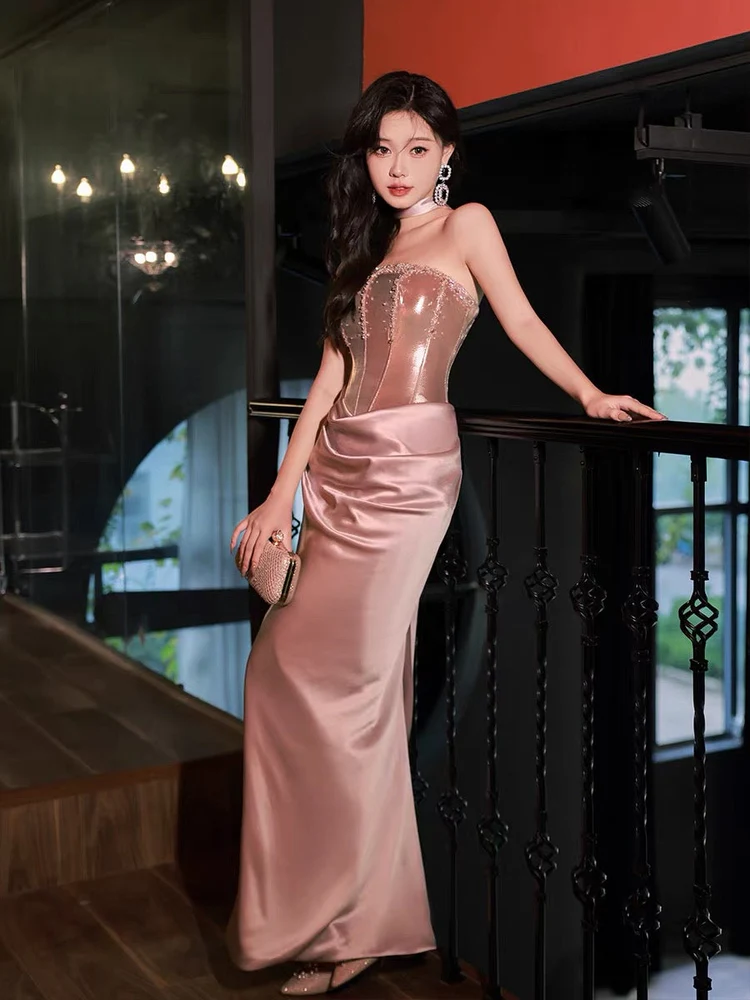 Sexy Rose Gold Party Kleider 2024 Trägerlosen Perlen Ärmellose Bodenlangen Abendkleid fg6214