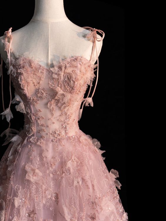 Robe de bal trapèze en tulle rose à bretelles spaghetti pour adolescentes fg6964