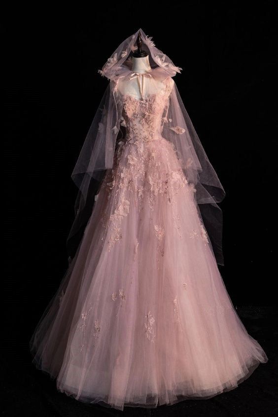 Robe de bal trapèze en tulle rose à bretelles spaghetti pour adolescentes fg6964