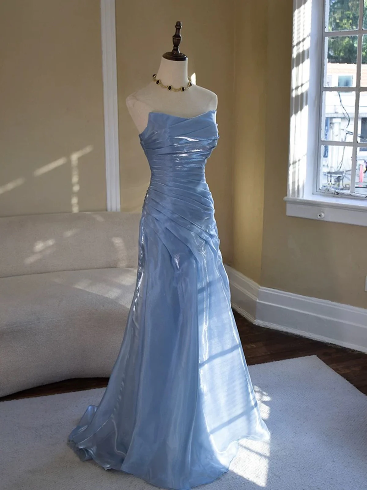 Vintage-Inspired Blue Strapless Prom Dress, Ruched Pleated Mermaid Eve formalgowns Vintage-Inspired Blue Strapless Prom Dress, Ruched Pleated Mermaid Eve formalgowns