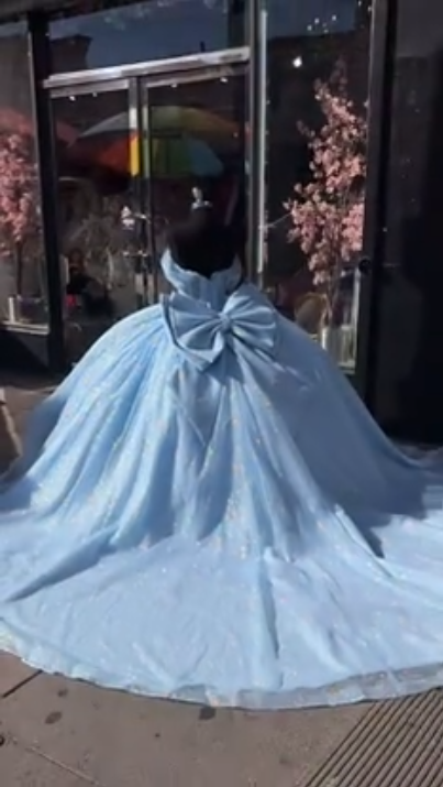 Baby blue sequins quinceanera dresses Sweet 16 Dresses Off the Shoulder Ball Gown fg8022