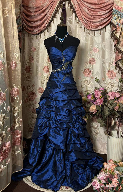 Robe de bal longue bleue sans bretelles, robe de soirée longue fg7148