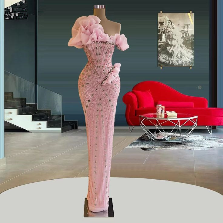 Glitzernde Ballkleider mit Perlen und Kristallen in Rosa, Abendkleider fg7008