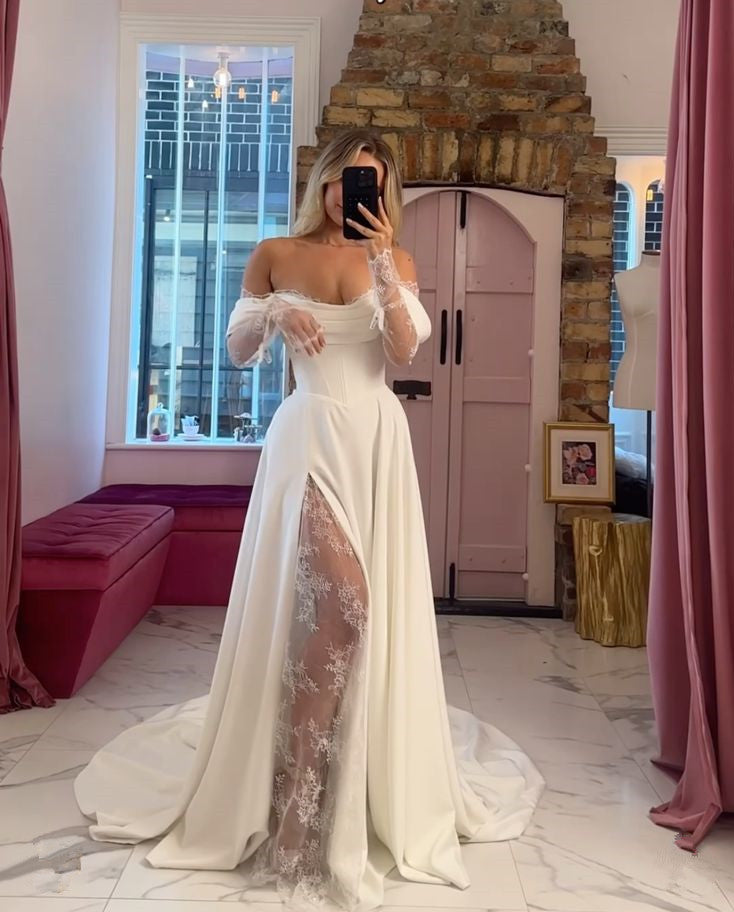Sexy Schlitz Off Shoulder Spitze Lange Ärmel Brautkleid fg6611