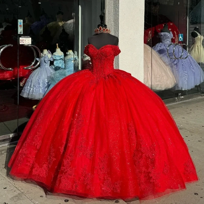 Princess Ball Gown Quinceanera Dresses Red Bow Lace Appliques Beaded Sweet 16 Dress fg6292