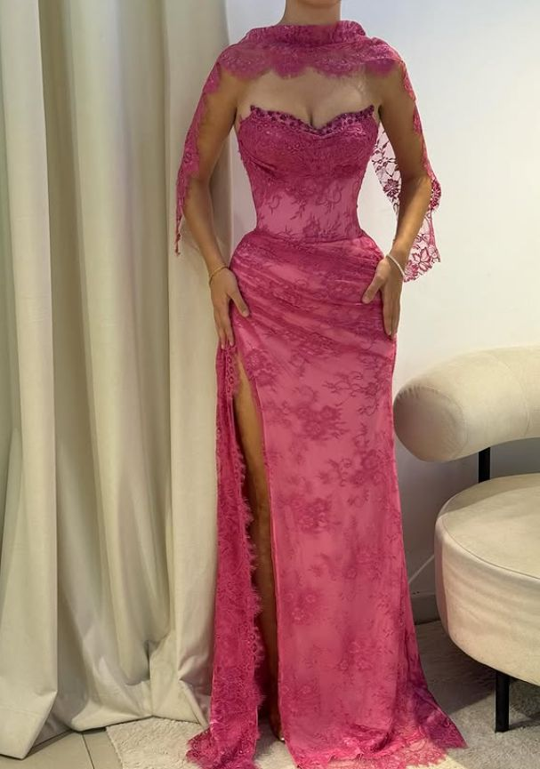 open lace back dress Pink High Neck Embellished Lace Gown with 3/4 Sleeves main image 0