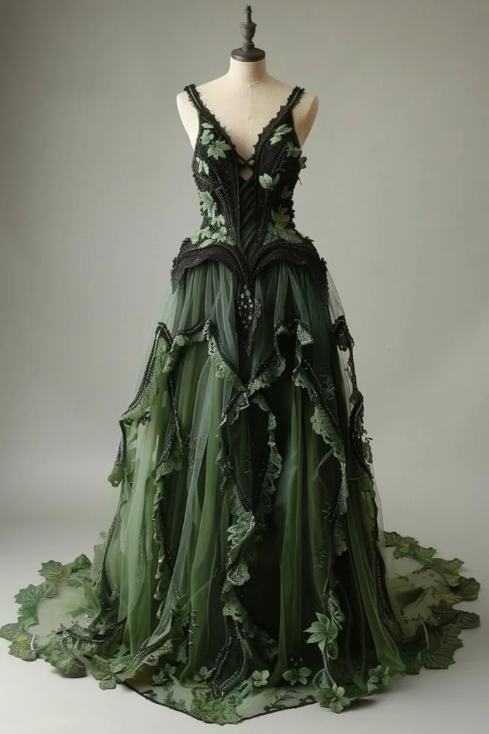 V-neck Tulle Applique Long Prom Dress Vintage Lace Formal Evening Dress fg8545