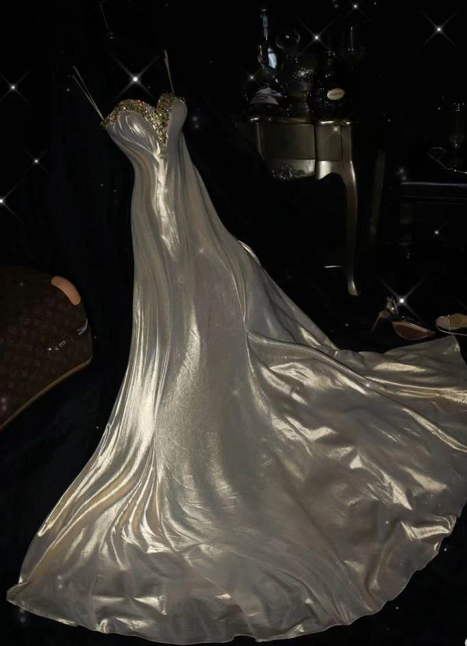 A Line Spaghetti Straps Satin Beaded Long Prom Dress,Formal Evening Dress fg8494