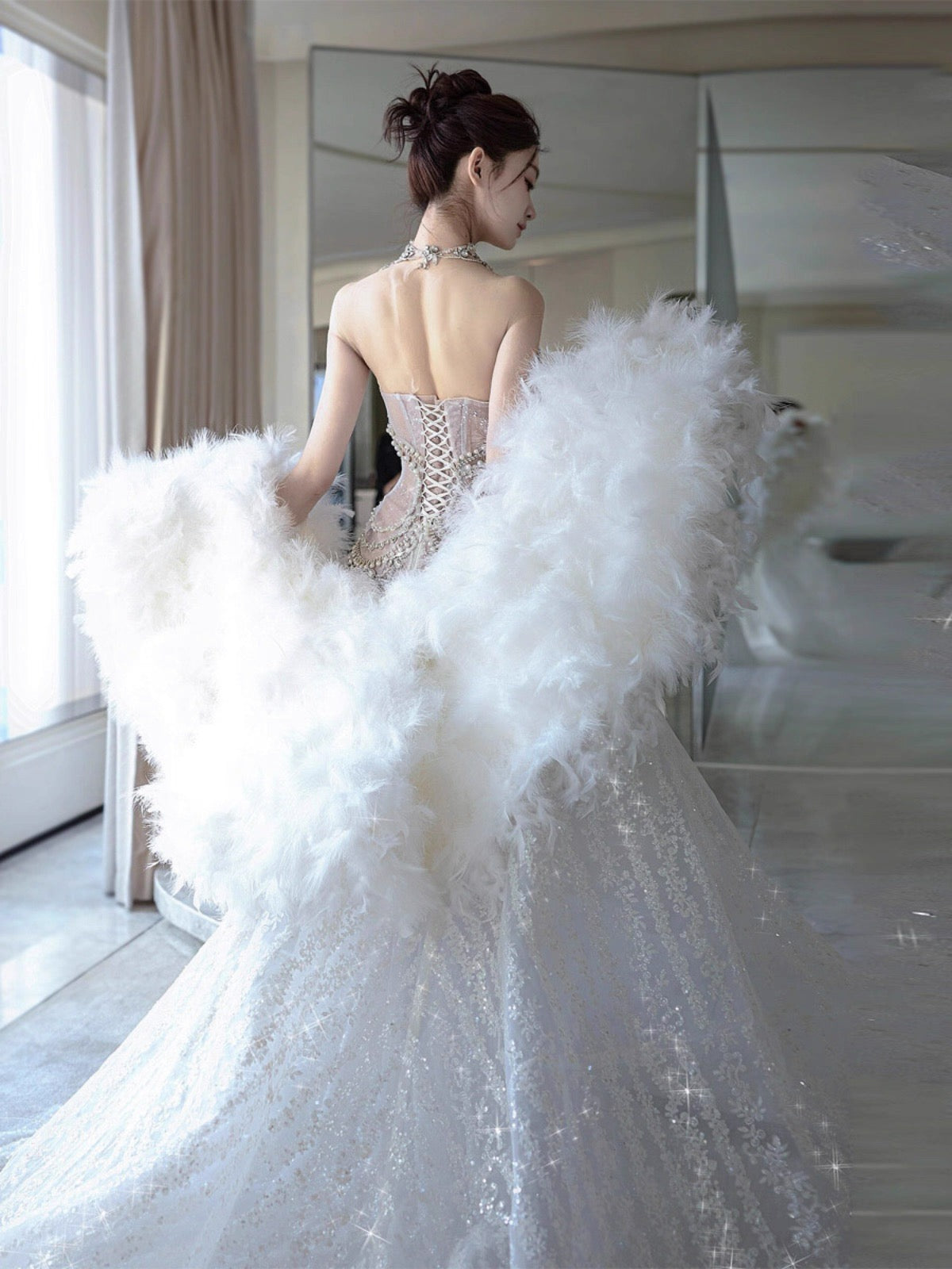 Robe de soirée longue sirène en tulle et perles, fg7547