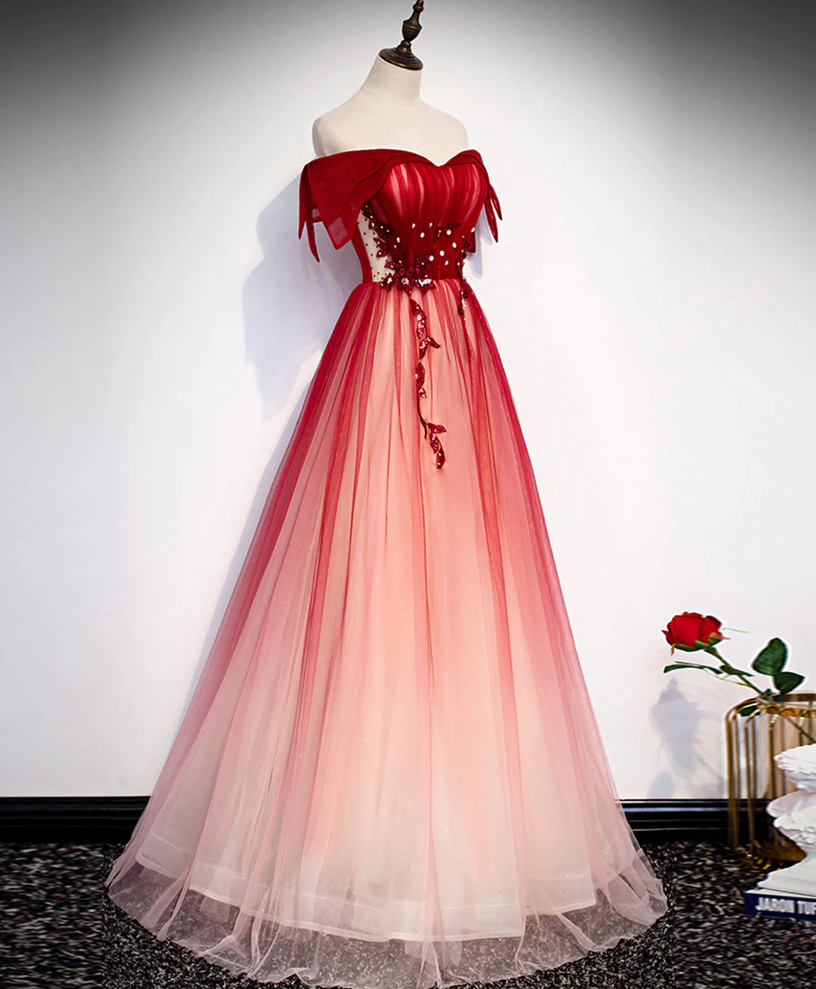 Burgundy Off Shoulder Tulle Long Prom Dress, Burgundy Formal Dress fg5699