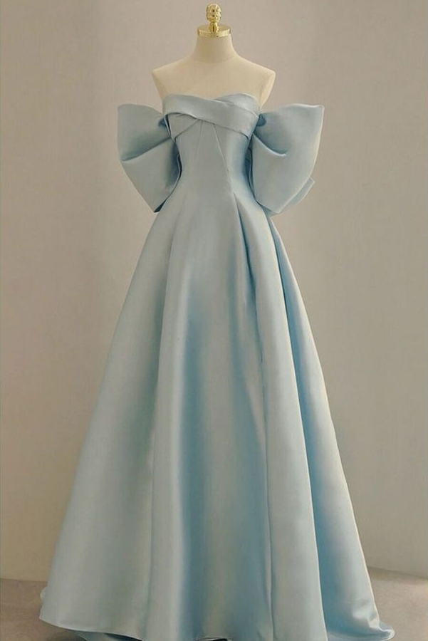 Robe de bal longue en satin bleu ciel avec gros nœud dans le dos fg7997