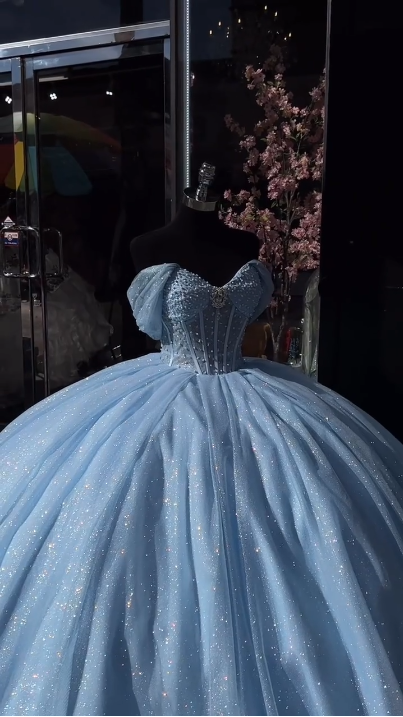 Baby blue sequins quinceanera dresses Sweet 16 Dresses Off the Shoulder Ball Gown fg8022