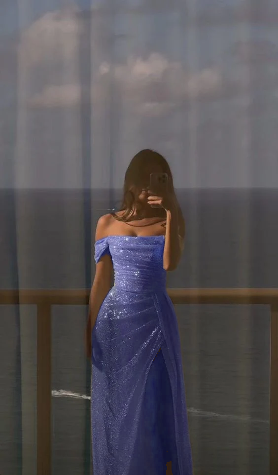 Robe de soirée longue à paillettes blanches, épaules dénudées, fente latérale, robe de mariée à paillettes fg4934