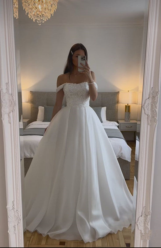 Robe de mariée blanche à épaules dénudées, longue, coupe trapèze, fg7260