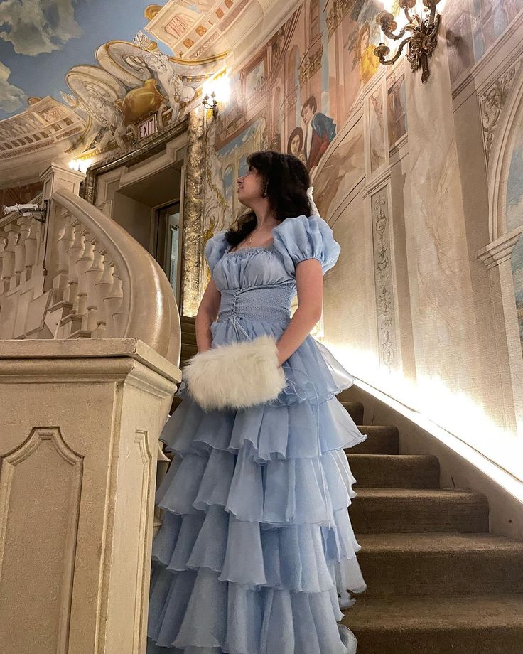 Robe de bal bleu ciel à volants et manches courtes bouffantes, robe de soirée formelle fg7259