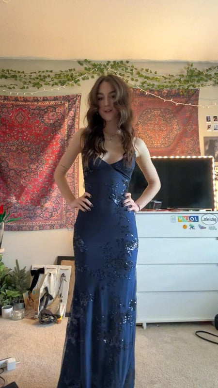 Robe de soirée sirène bleu marine vintage fg7298