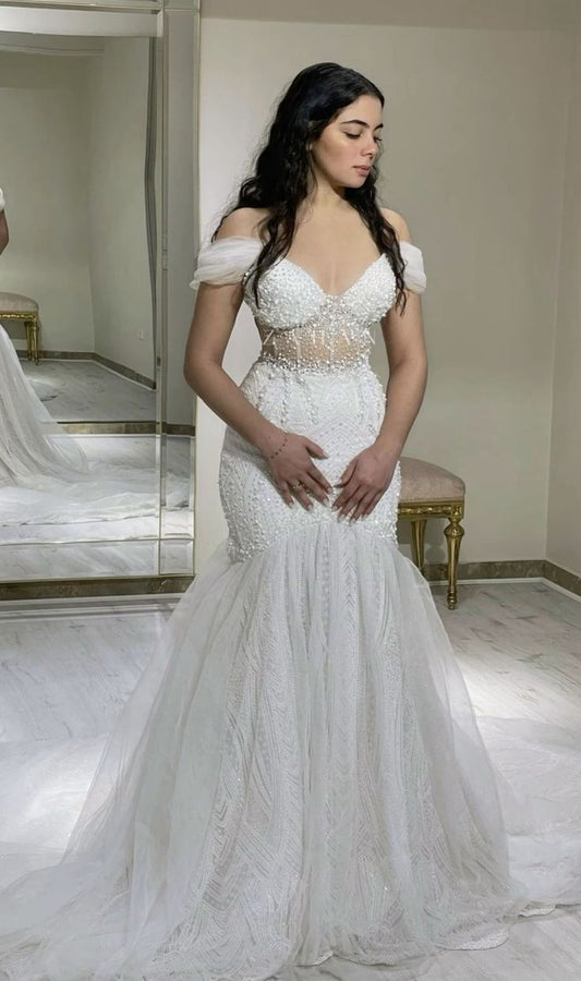 Robe de mariée longue sirène à épaules dénudées, fg7268