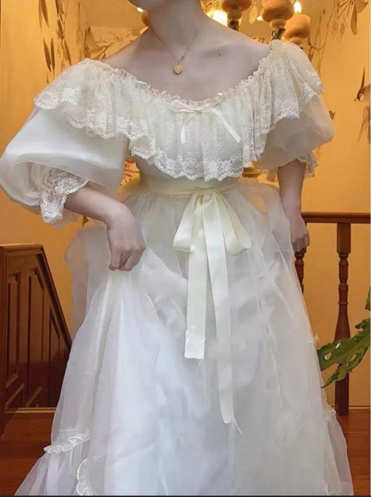 Vintage Victorian Style White Princess Dress Retro Lace Puff Sleeve Romantic Dress fg7265