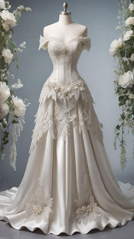 Robe de mariée blanche trapèze à épaules dénudées et dentelle, robe princesse fg7294