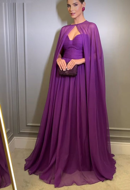 Robe de soirée longue en mousseline violette élégante avec cape, coupe trapèze, plissée, longueur au sol, robe de bal formelle fg7269