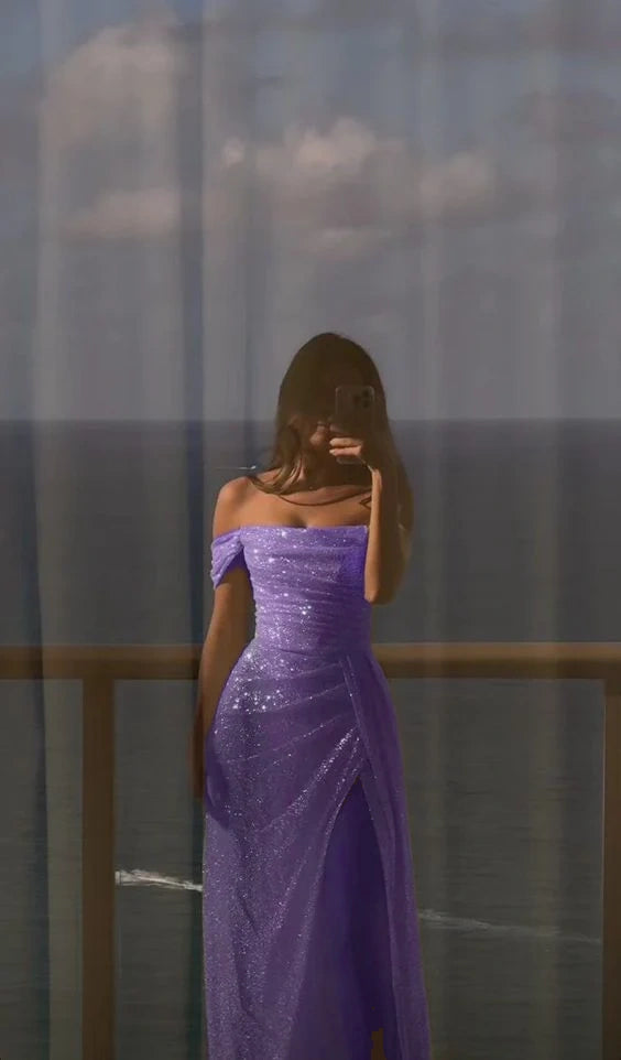 Robe de soirée longue à paillettes blanches, épaules dénudées, fente latérale, robe de mariée à paillettes fg4934