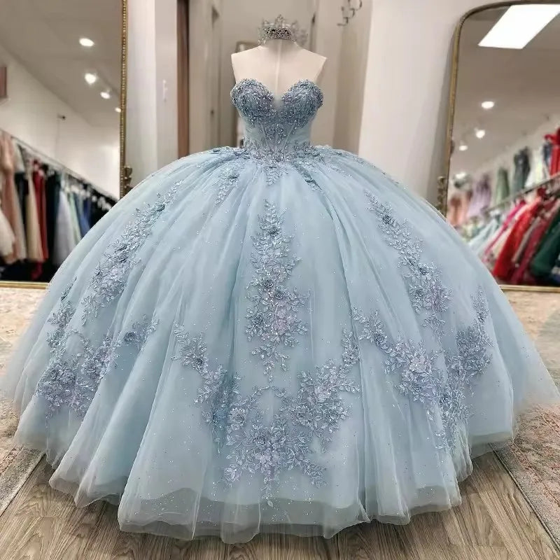 Sparkly Light Blue Quinceanera Dress Cape Flower Lace Vestidos de 15 Anos Birthday Party Princess Ball Gown fg7914 Sparkly Light Blue Quinceanera Dress Cape Flower Lace Vestidos de 15 Anos Birthday Party Princess Ball Gown fg7914