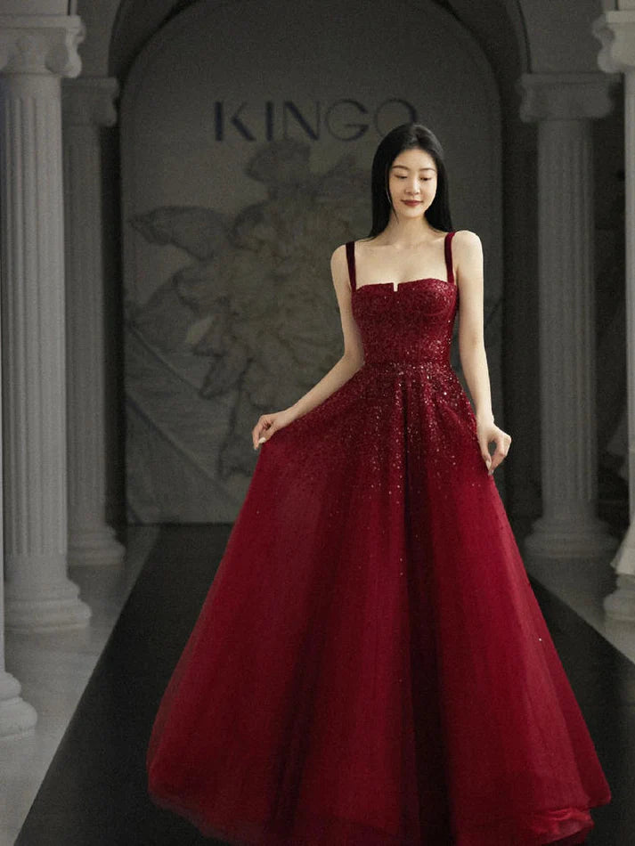 Burgundy Prom Dresses A line Straps Tulle Evening Dresses fg6734