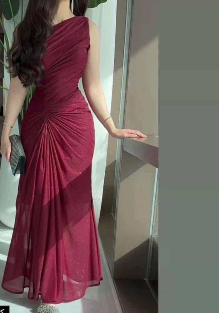 Burgunderrotes, glänzendes, einschultriges, langes Partykleid, Abendkleid, Ballkleider fg7825