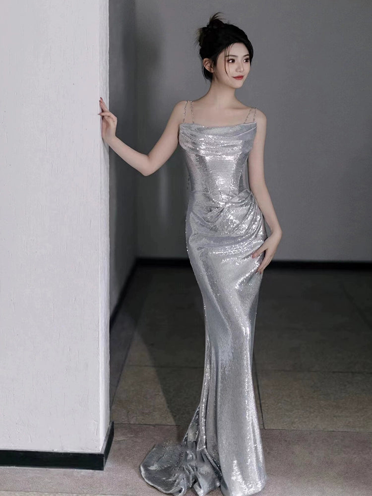 Silver Sequin Mermaid Long Prom Dress Sexy Evening Dresses fg7666