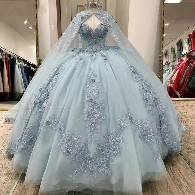 Sparkly Light Blue Quinceanera Dress Cape Flower Lace Vestidos de 15 Anos Birthday Party Princess Ball Gown fg7914