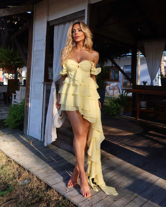 Robe à volants pour femme, tenue de soirée d'été élégante à épaules dénudées, mini robe de soirée fg7838
