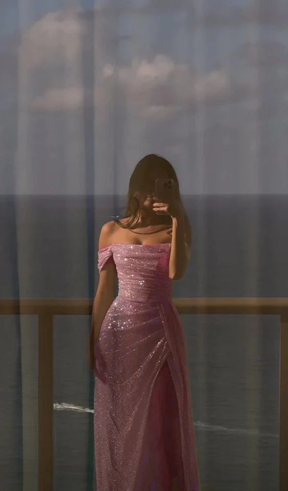 Robe de soirée longue à paillettes blanches, épaules dénudées, fente latérale, robe de mariée à paillettes fg4934