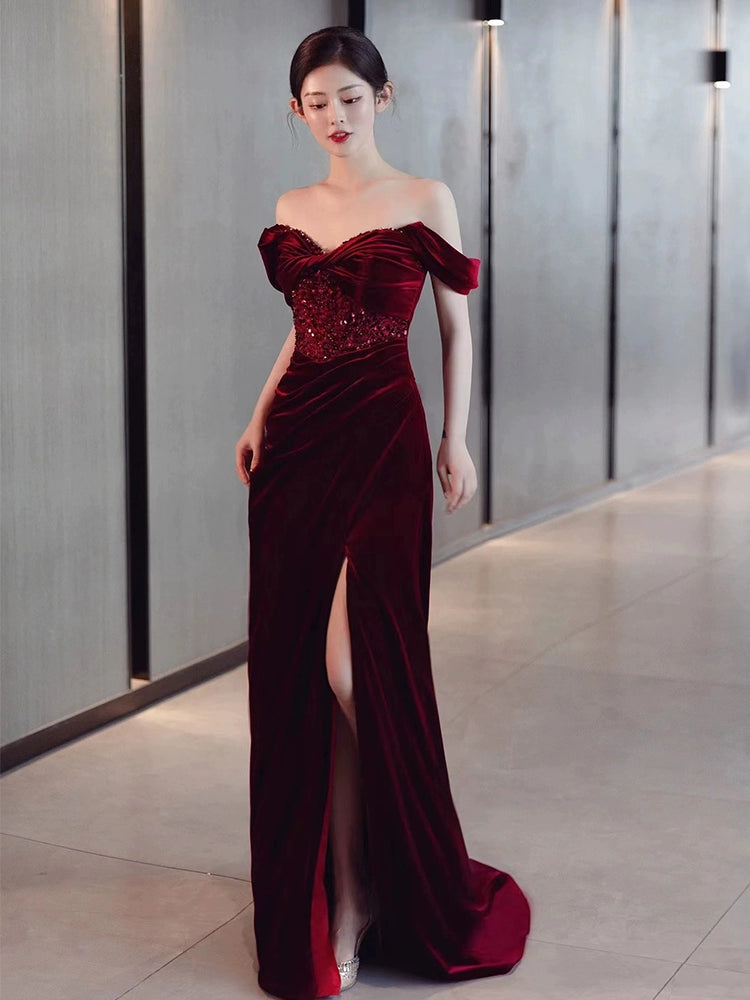 Burgundy Velvet Mermaid Long Prom Dress Off Shoulder Evening Dresses With Slit fg7669