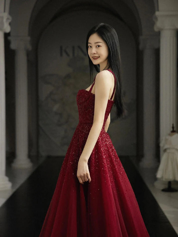 Burgundy Prom Dresses A line Straps Tulle Evening Dresses fg6734
