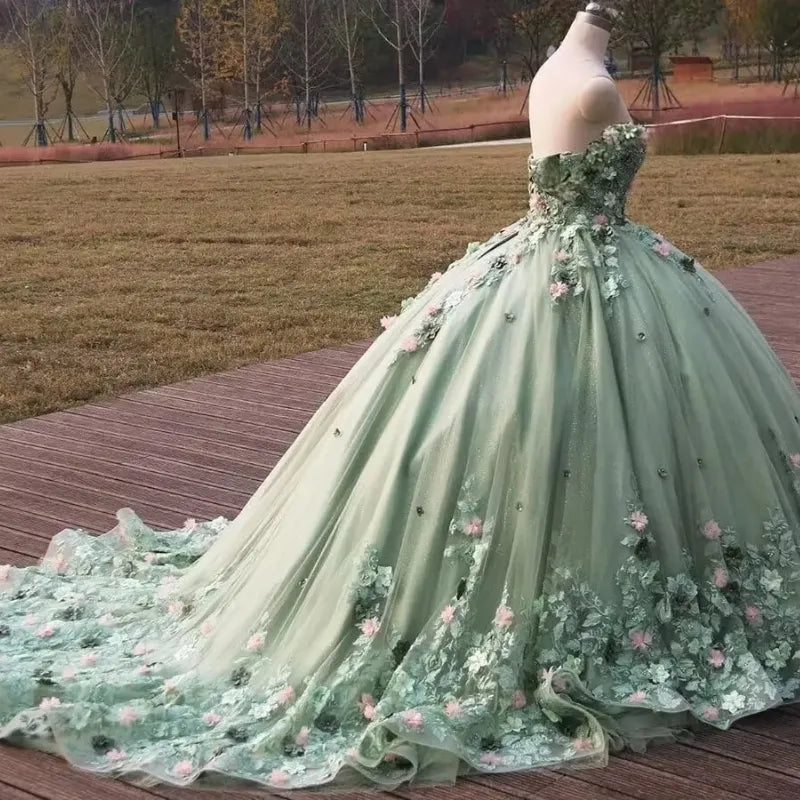 Sage Green Quinceanera Dress Off-Shoulder Applique Lace Beaded Tulle Ball Gown for Sweet 16 & 15 fg8093