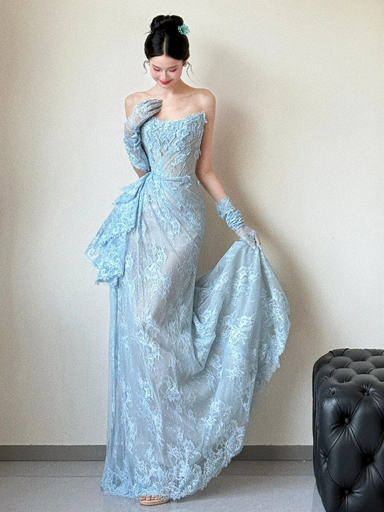Blue Lace Mermaid Long Prom Dress Sexy Evening Dresses With Side Split formalgowns Blue Lace Mermaid Long Prom Dress Sexy Evening Dresses With Side Split formalgowns