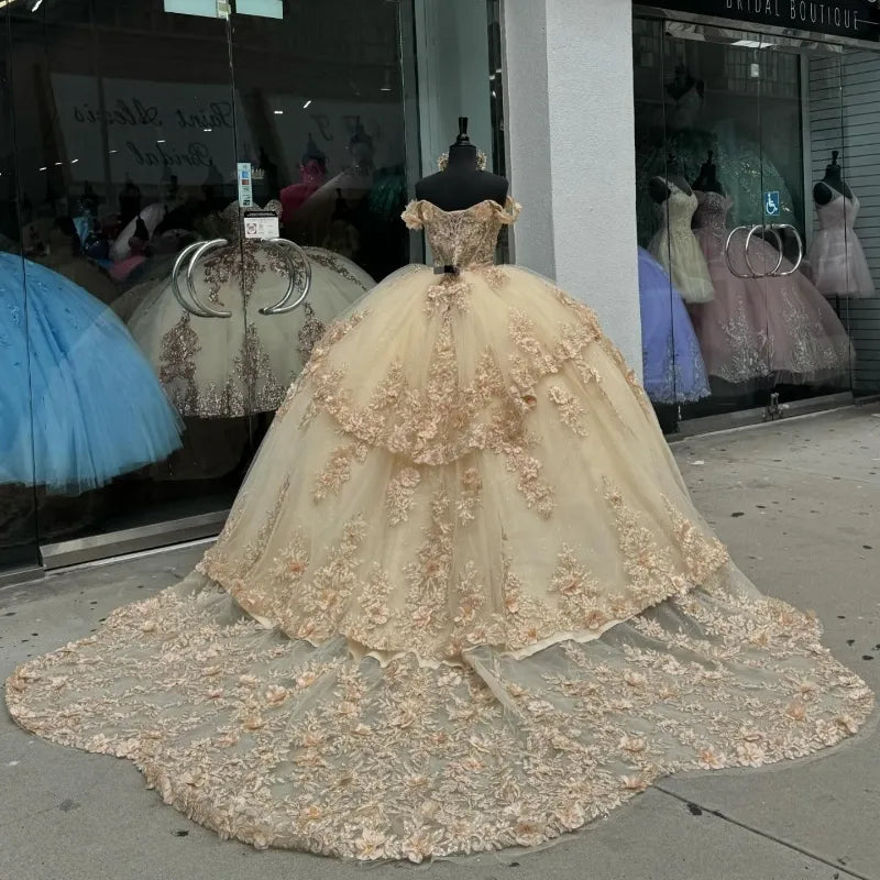 Champagner Off-the-Shoulder Ballkleid Applique Quinceanera Kleid mit Schleppe fg8023
