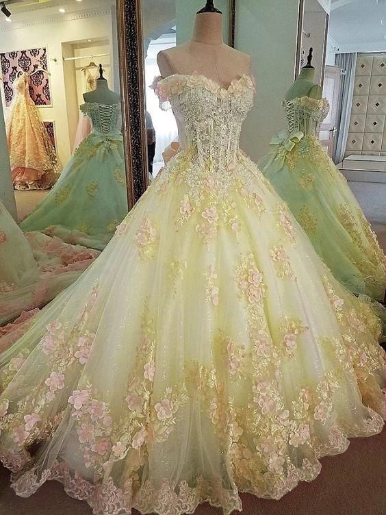 Sweet 16 Dresses Pink Lace Floral Prom Dresses Ball Gown Off The Shoulder Elegant Beaded Luxury Prom Gown fg4334