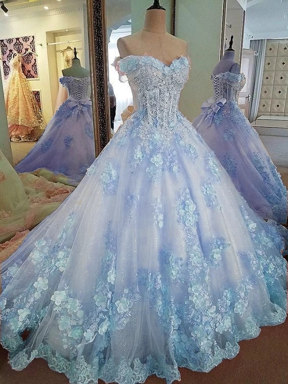 Sweet 16 Dresses Pink Lace Floral Prom Dresses Ball Gown Off The Shoulder Elegant Beaded Luxury Prom Gown fg4334