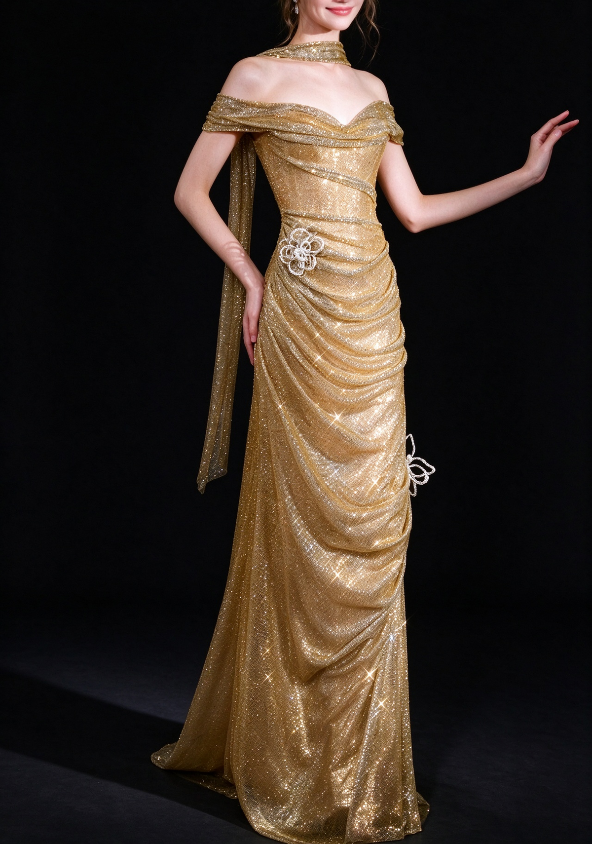 Gold Off The Shoulder Draped Glitter Mermaid Evening Gown With 3D Floral Decor fg9140
