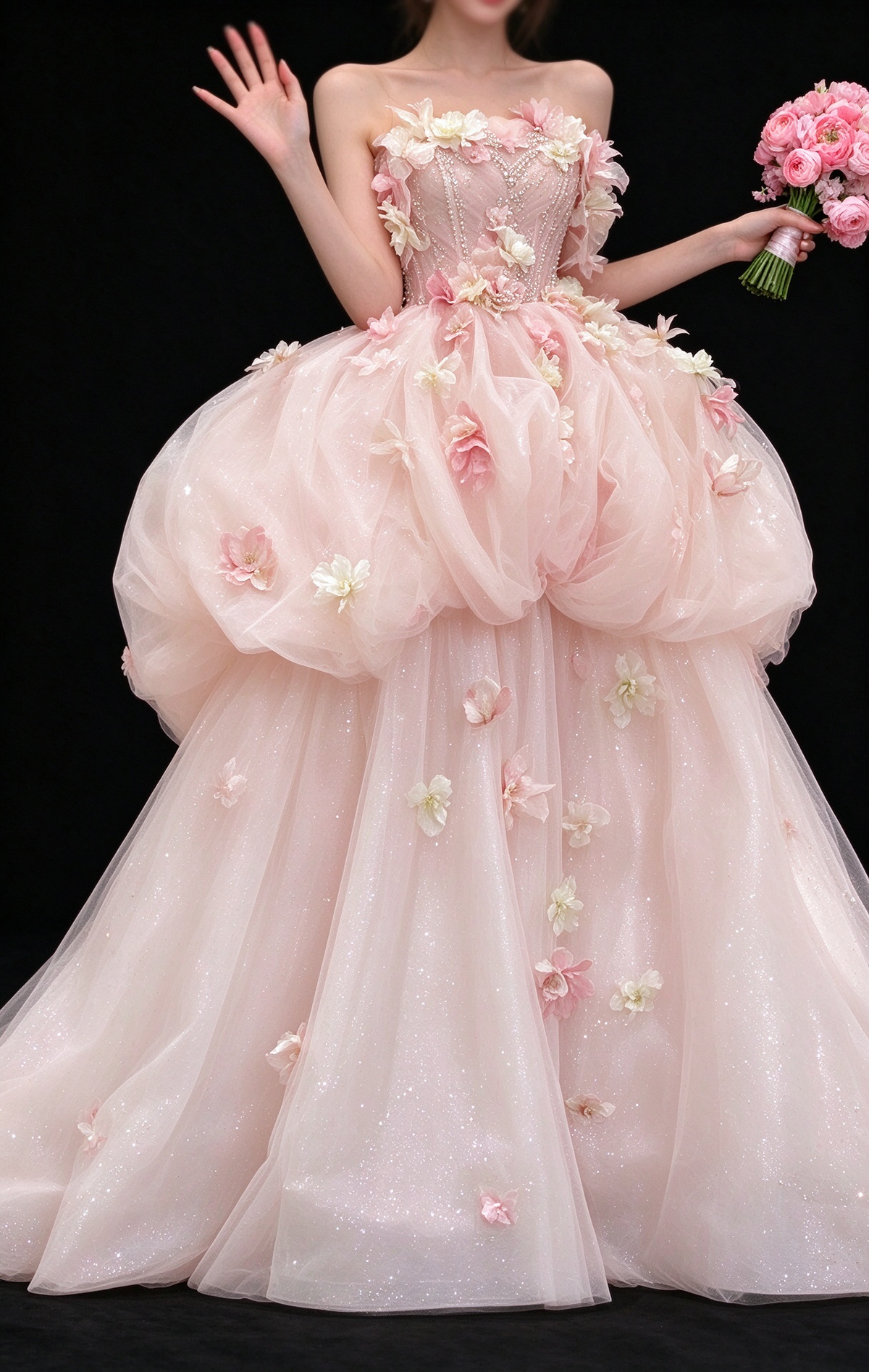 Pink Strapless 3D Floral Glitter Tulle Ball Gown Evening Dress fg9145