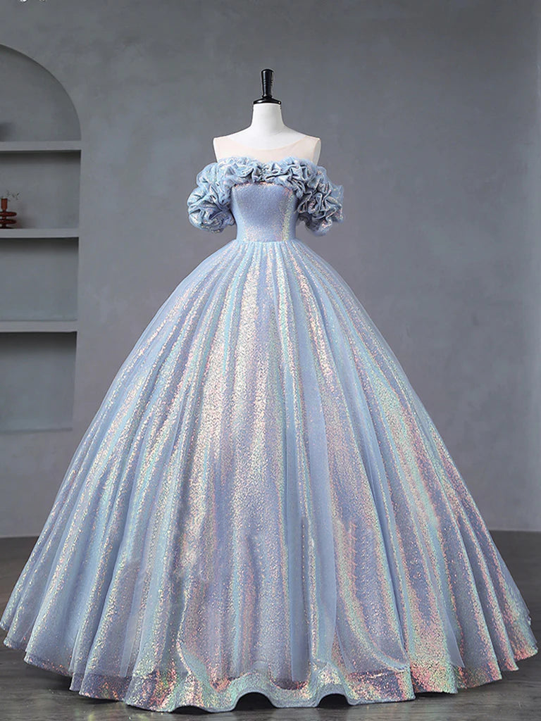 A-Line Off Shoulder Tulle Sequin Blue Purple Long Prom Dress, Sequin F formalgowns A-Line Off Shoulder Tulle Sequin Blue Purple Long Prom Dress, Sequin F formalgowns