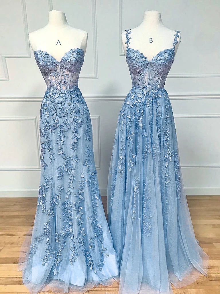 Blue Sweetheart Neck Lace Long Prom Dresses, Blue Lace Graduation Dress fg4490